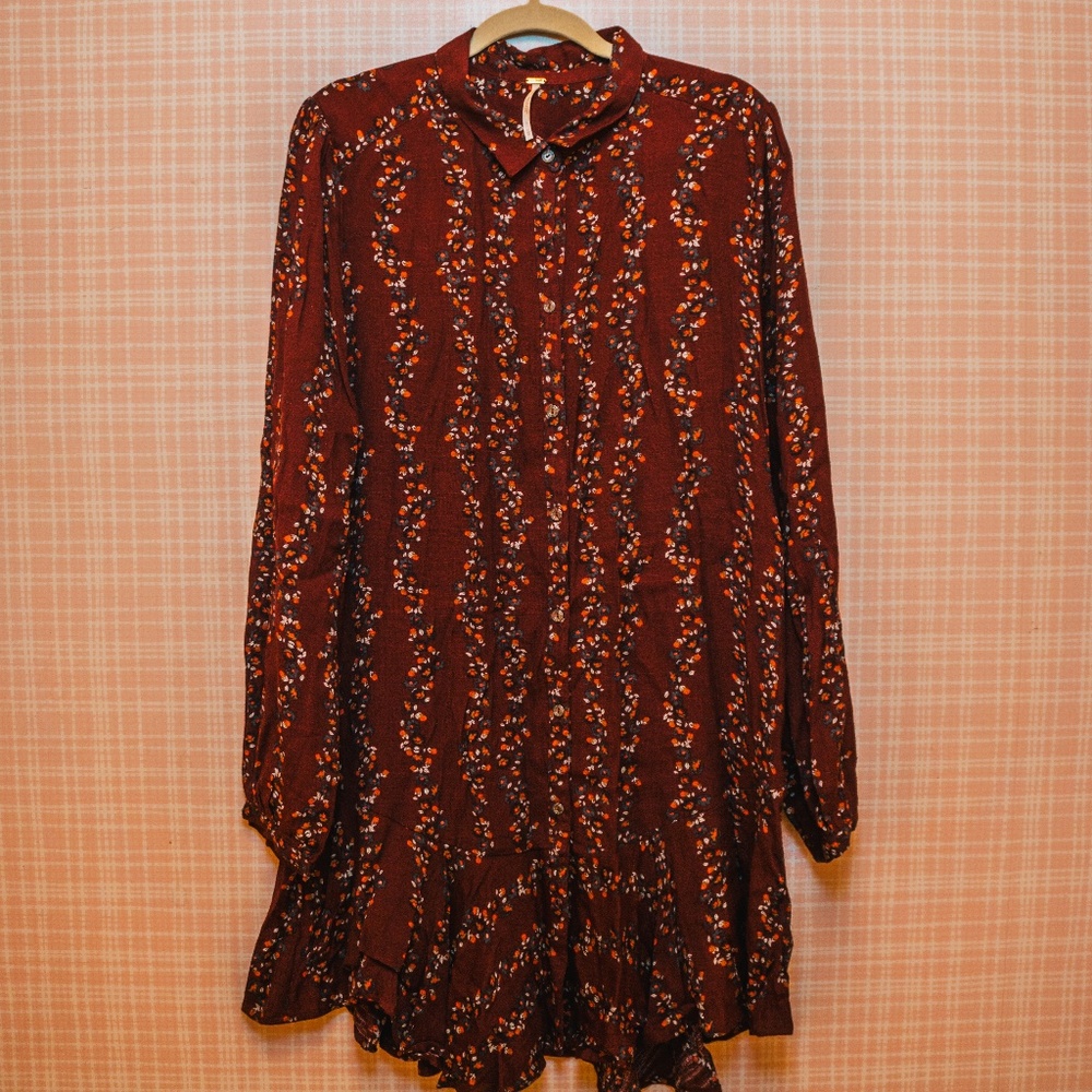 Free People Slubby Crinkle Floral Shirtdress